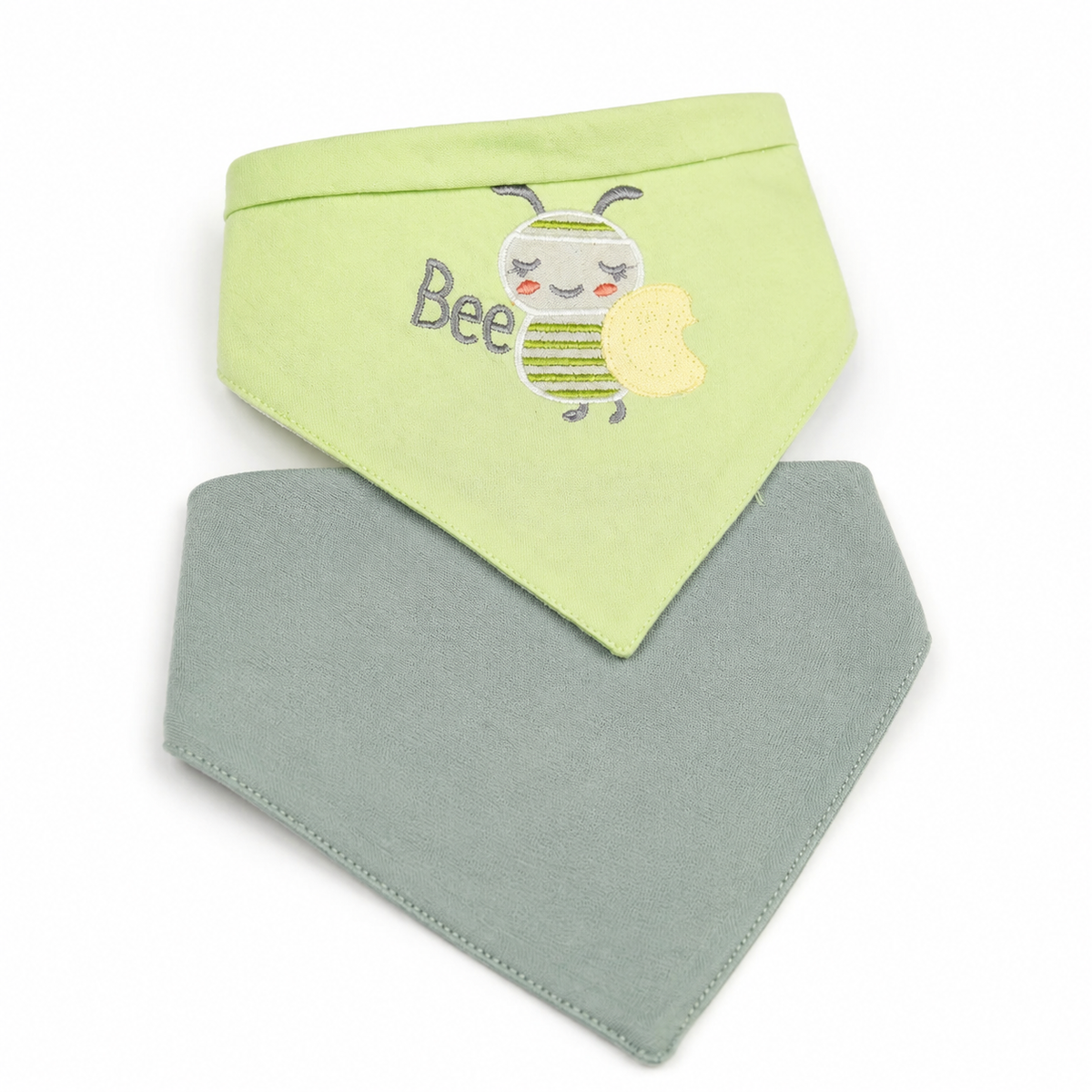 CUTE BEE EMBROIDERY BABY TRIANGLE BIBS GREEN & MINT COTTON (PACK OF 2)
