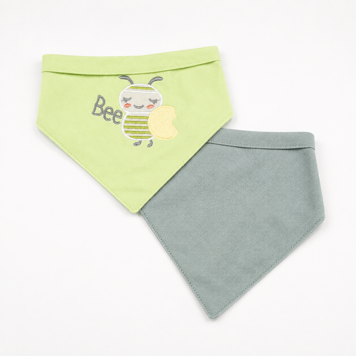 CUTE BEE EMBROIDERY BABY TRIANGLE BIBS GREEN & MINT COTTON (PACK OF 2)