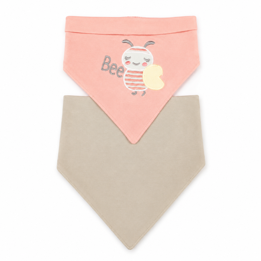 CUTE BEE EMBROIDERY BABY TRIANGLE BIBS PINK & BROWN COTTON (PACK OF 2)