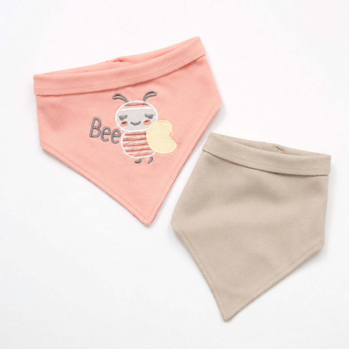 CUTE BEE EMBROIDERY BABY TRIANGLE BIBS PINK & BROWN COTTON (PACK OF 2)
