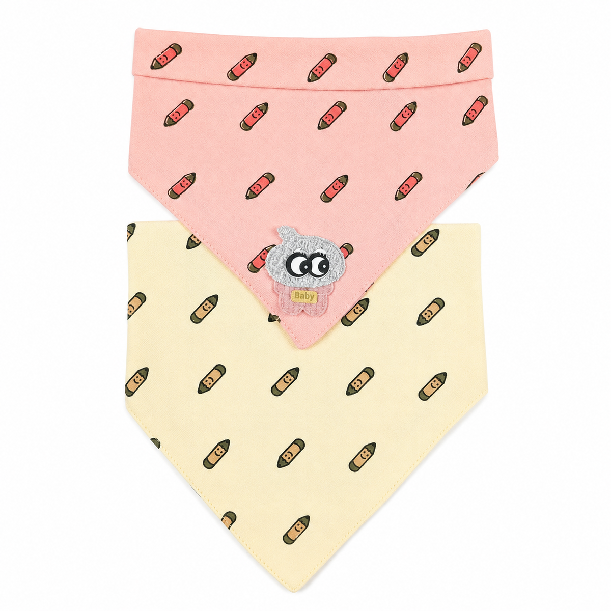 CUTE CARTOON PATCH WITH PENCIL PRINT BABY TRIANGLE BIBS PINK & BROWN COTTON (PACK OF 2)