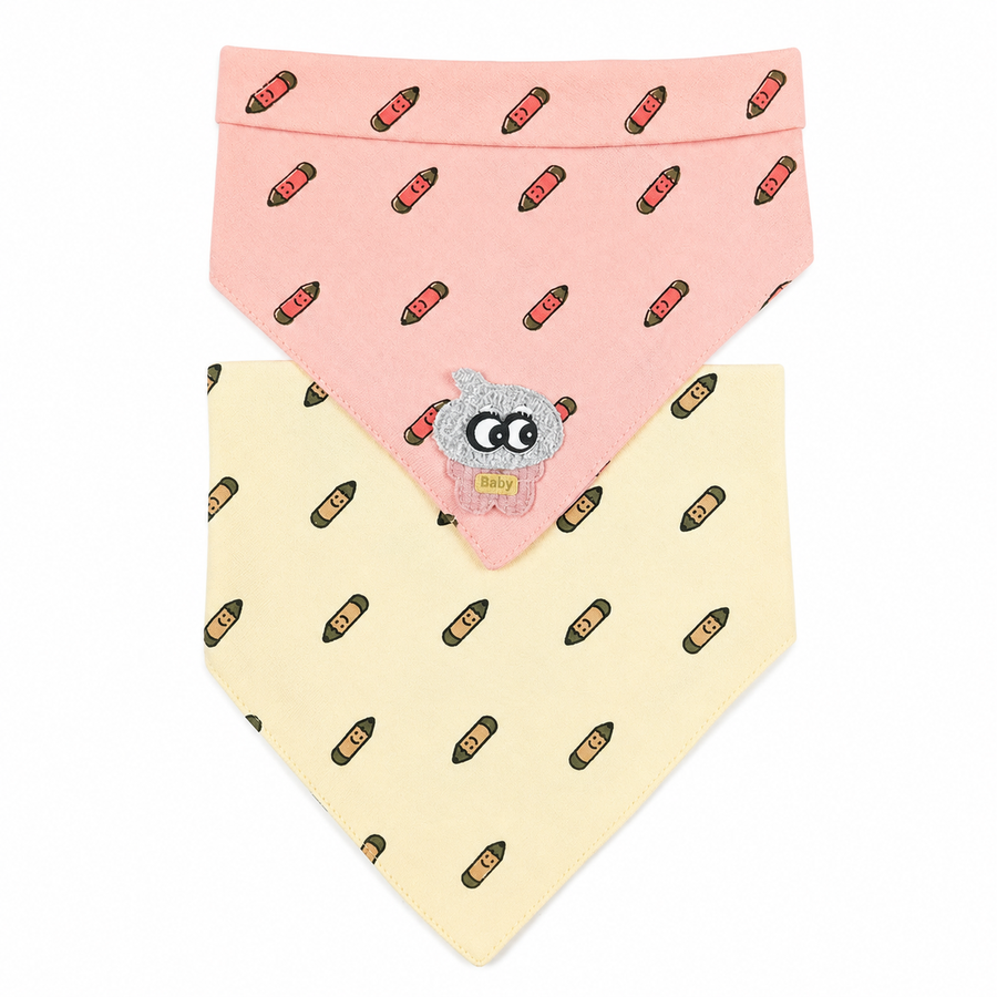 CUTE CARTOON PATCH WITH PENCIL PRINT BABY TRIANGLE BIBS PINK & BROWN COTTON (PACK OF 2)