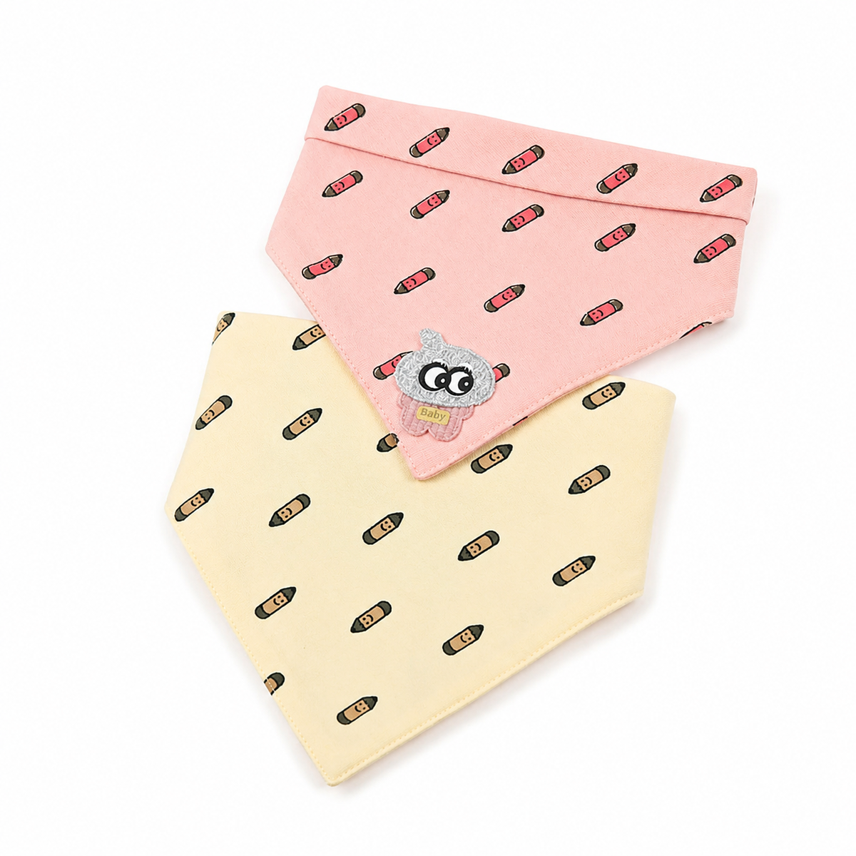 CUTE CARTOON PATCH WITH PENCIL PRINT BABY TRIANGLE BIBS PINK & BROWN COTTON (PACK OF 2)