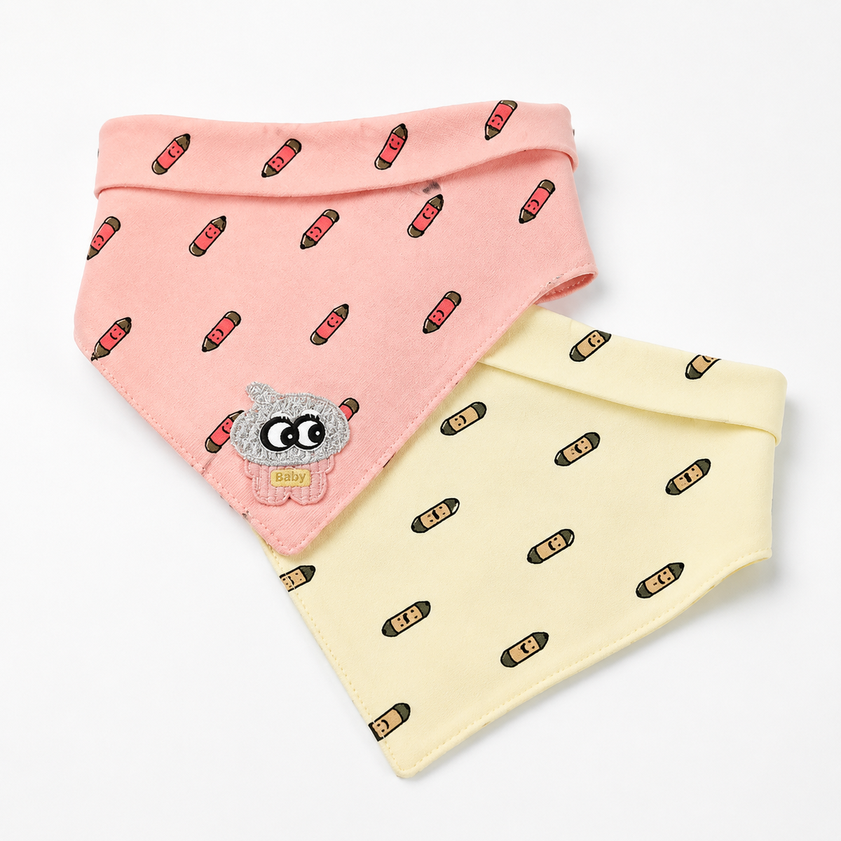CUTE CARTOON PATCH WITH PENCIL PRINT BABY TRIANGLE BIBS PINK & BROWN COTTON (PACK OF 2)