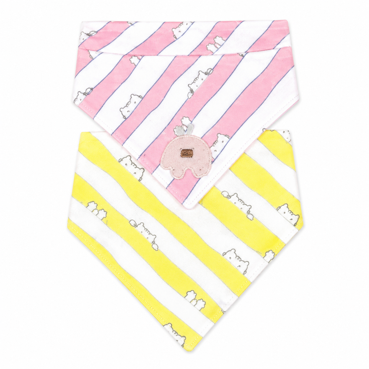 CUTE ELEPHANT PATCH BABY TRIANGLE BIBS PINK & MINT STRIPED COTTON (PACK OF 2)