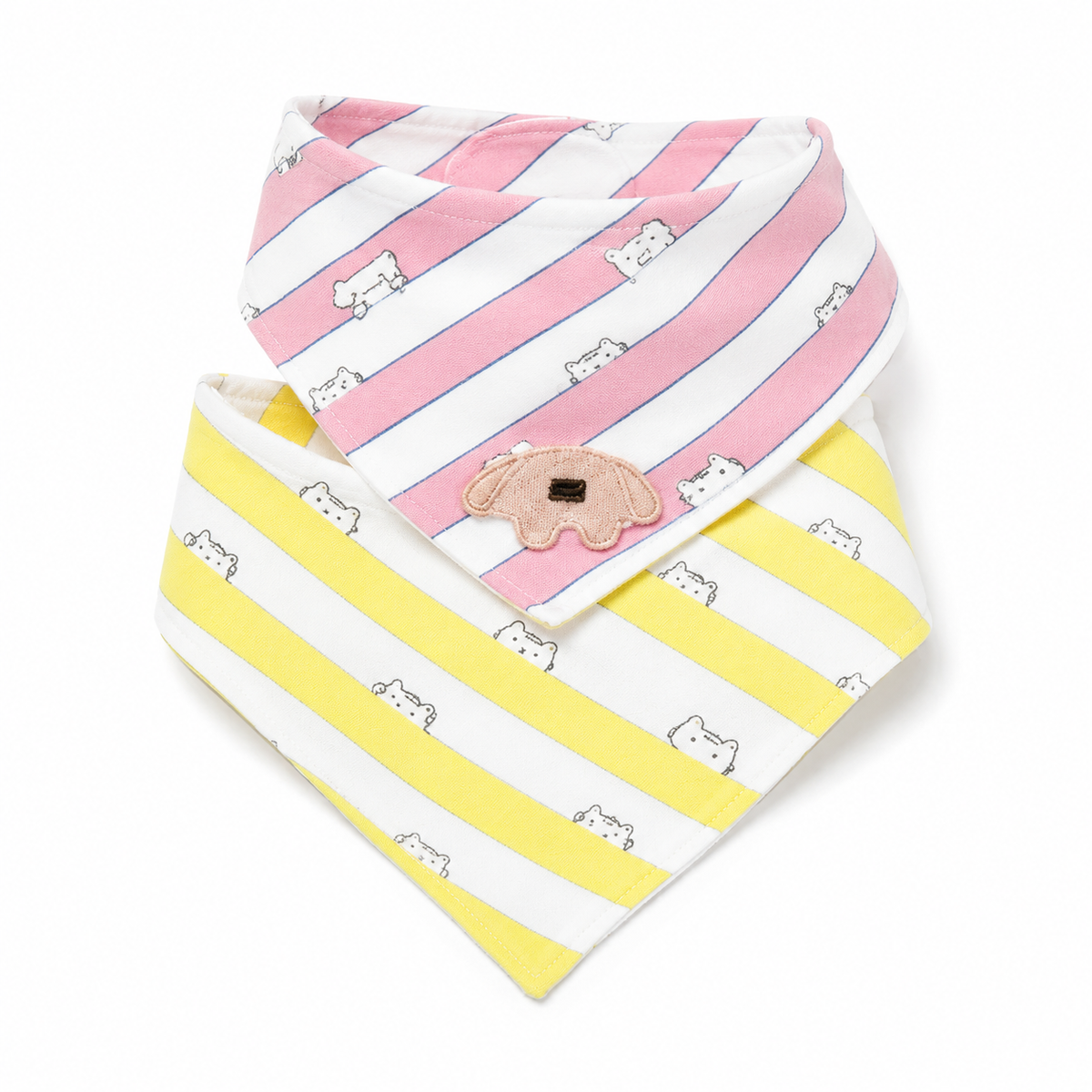 CUTE ELEPHANT PATCH BABY TRIANGLE BIBS PINK & MINT STRIPED COTTON (PACK OF 2)