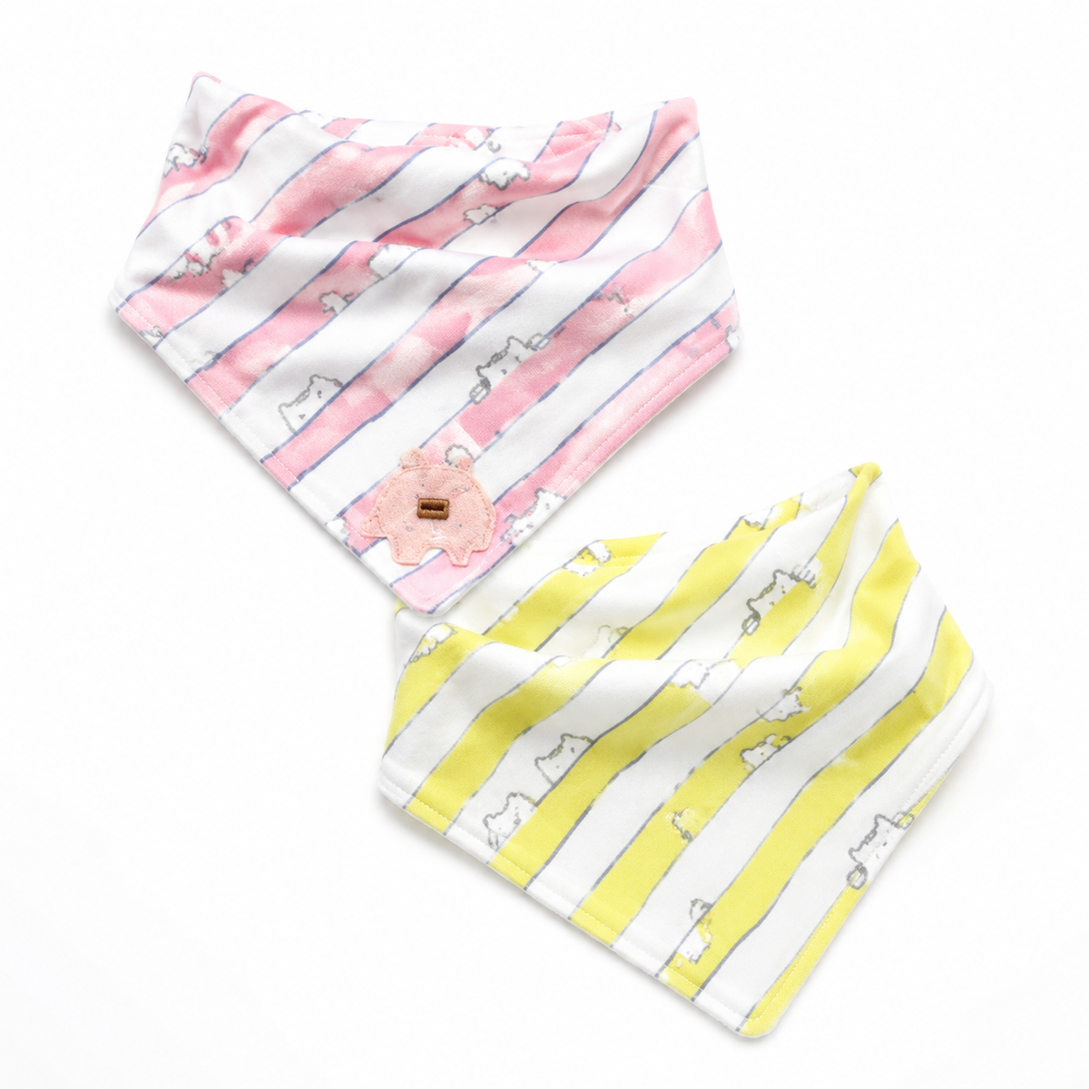 CUTE ELEPHANT PATCH BABY TRIANGLE BIBS PINK & MINT STRIPED COTTON (PACK OF 2)