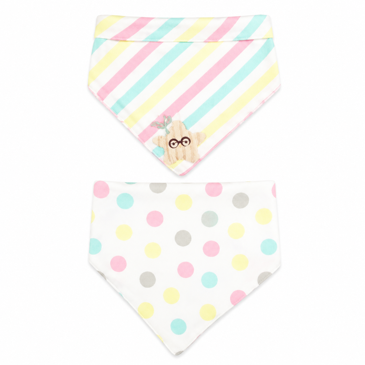 CUTE STAR PATCH BABY TRIANGLE BIBS STRIPED & DOTED MULTI COLOUR COTTON (PACK OF 2)