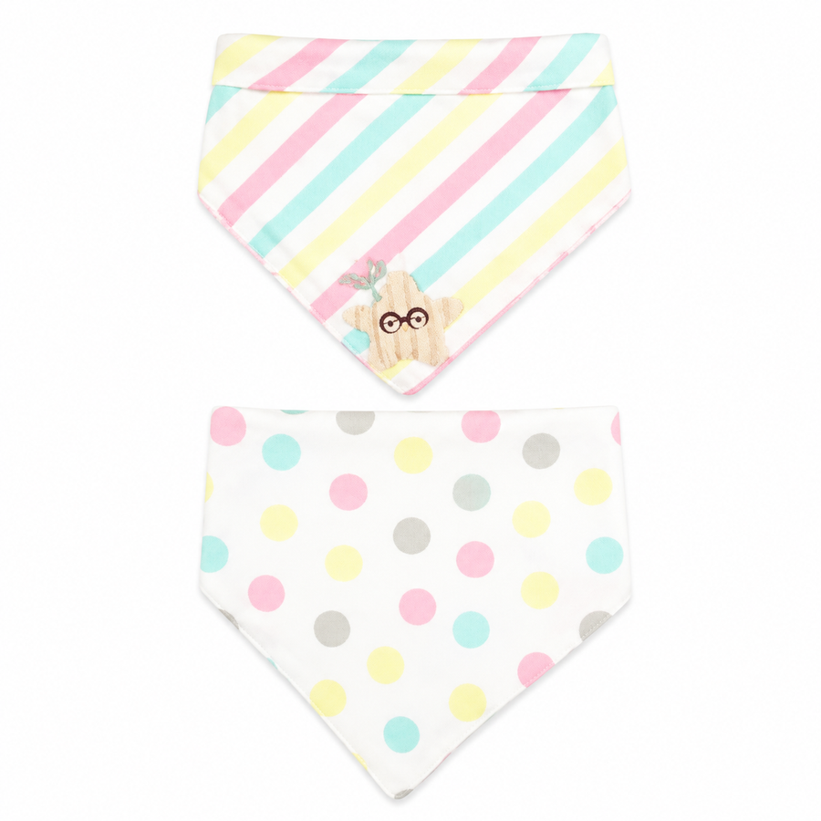 CUTE STAR PATCH BABY TRIANGLE BIBS STRIPED & DOTED MULTI COLOUR COTTON (PACK OF 2)