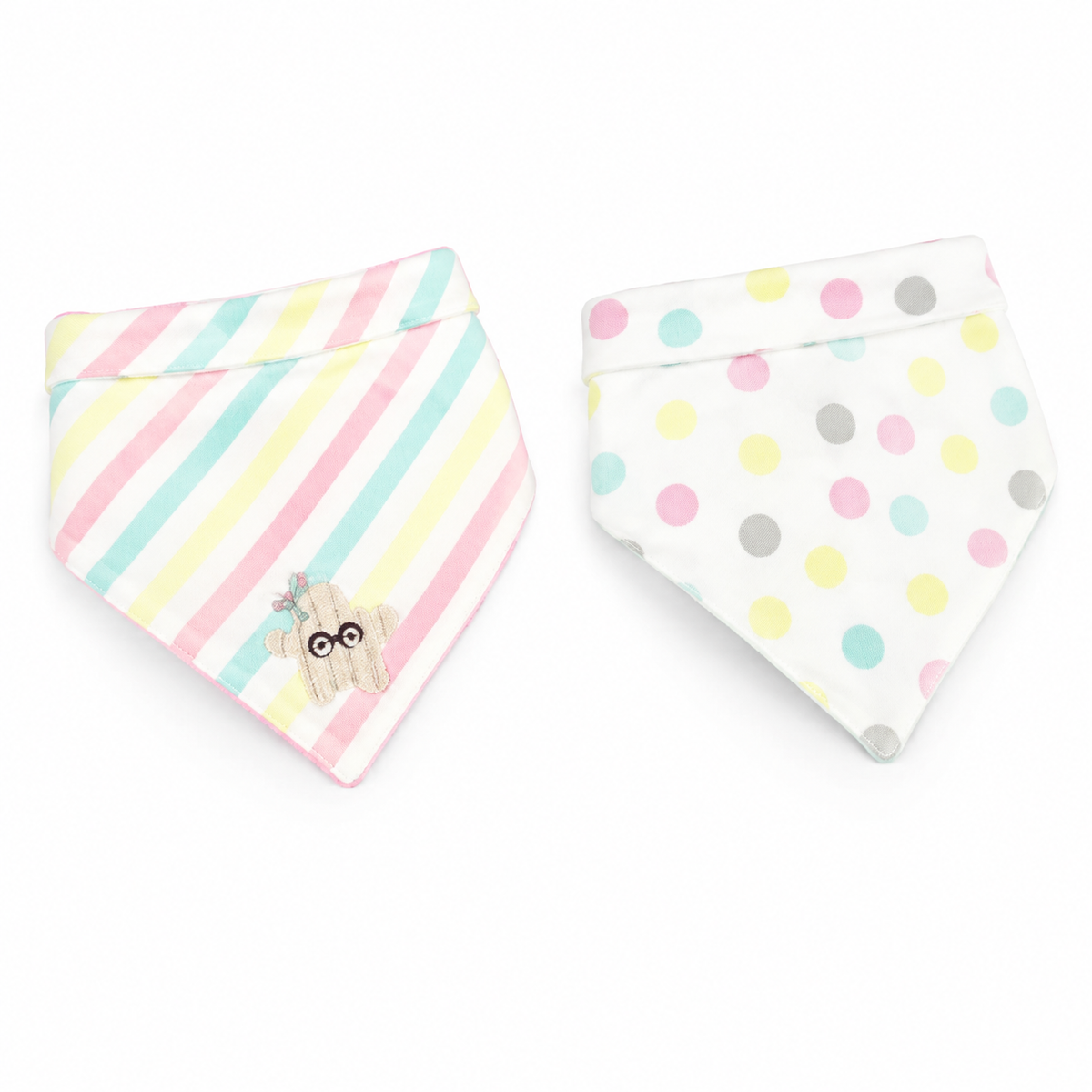 CUTE STAR PATCH BABY TRIANGLE BIBS STRIPED & DOTED MULTI COLOUR COTTON (PACK OF 2)