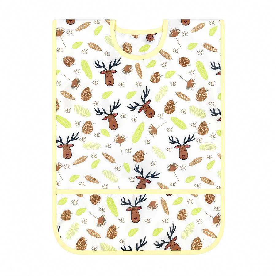 FULL COVERAGE LONG SLEEVE FEEDING BIB FOR BABIES DEER AND LEAVES PRINT