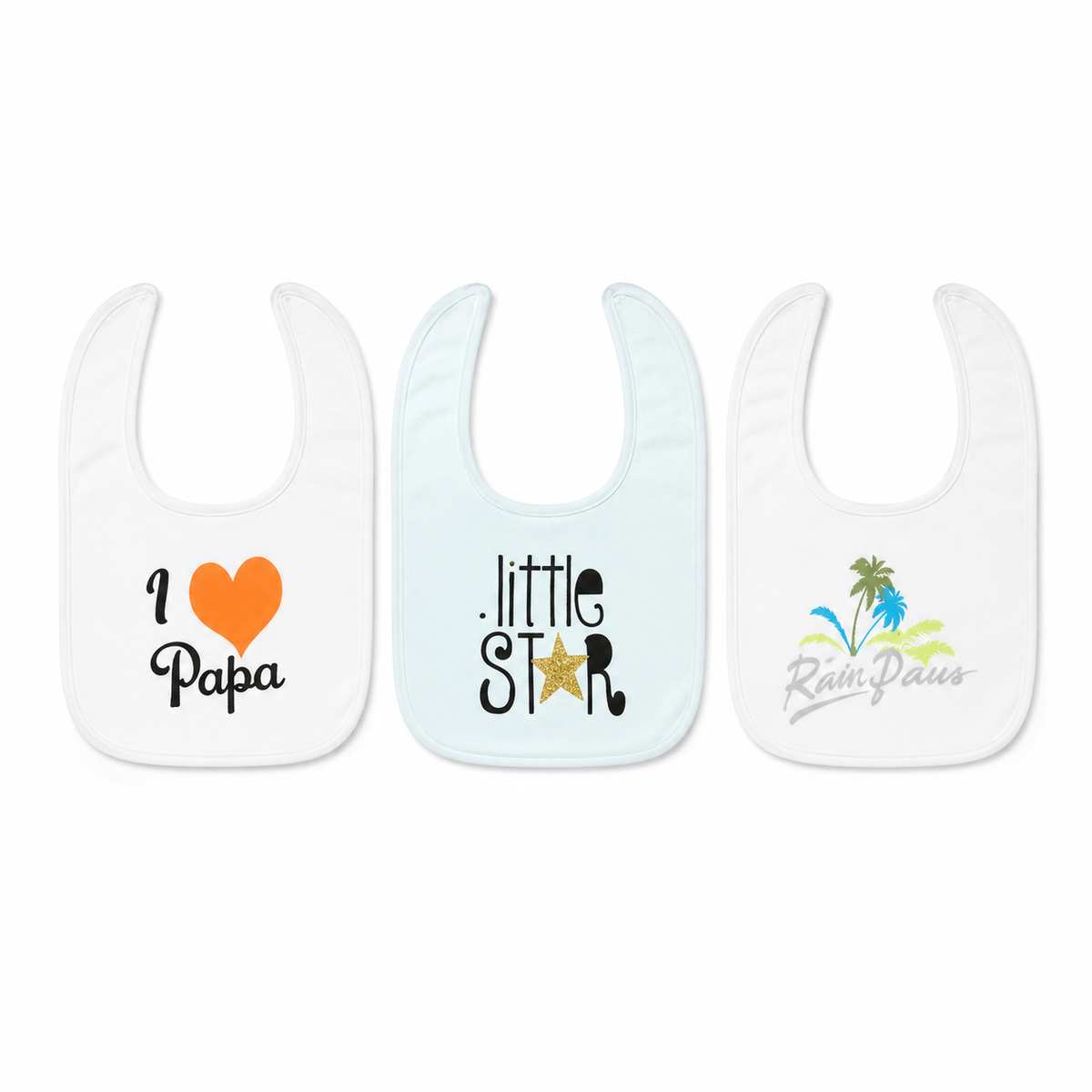 LARGE 3-PACK PREMIUM BABY BIBS I LOVE PAPA, LITTLE STAR & RIVER PALMS THEMES
