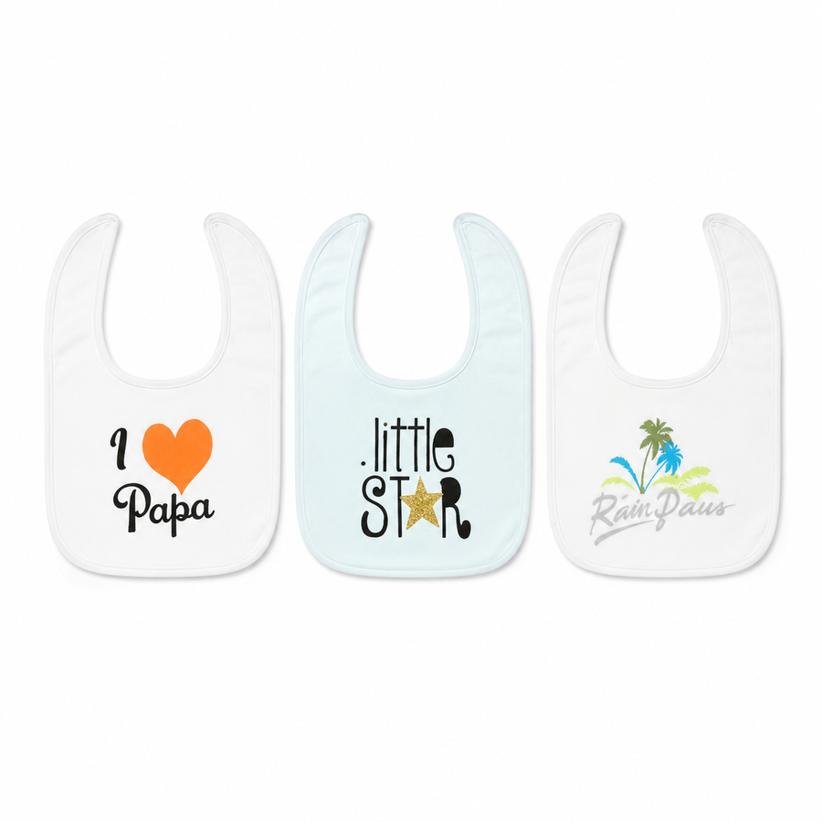 LARGE 3-PACK PREMIUM BABY BIBS I LOVE PAPA, LITTLE STAR & RIVER PALMS THEMES
