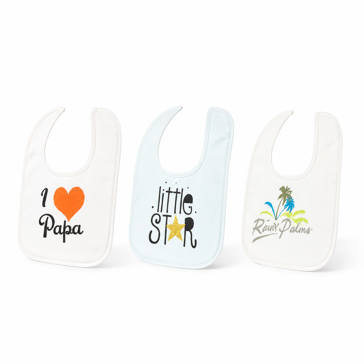 LARGE 3-PACK PREMIUM BABY BIBS I LOVE PAPA, LITTLE STAR & RIVER PALMS THEMES