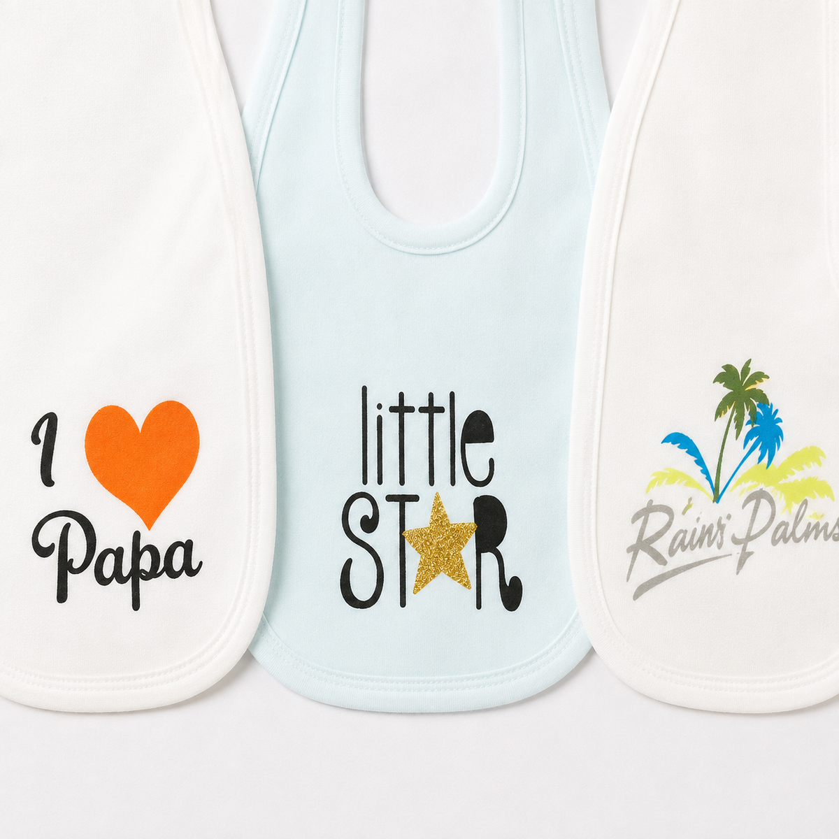 LARGE 3-PACK PREMIUM BABY BIBS I LOVE PAPA, LITTLE STAR & RIVER PALMS THEMES