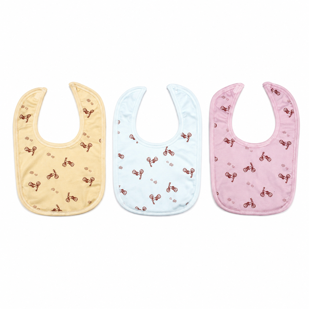 LARGE 3-PACK PREMIUM BABY BIBS MINI BICYCLE PRINT BEIGE,LAVENDER & SKY BLUE