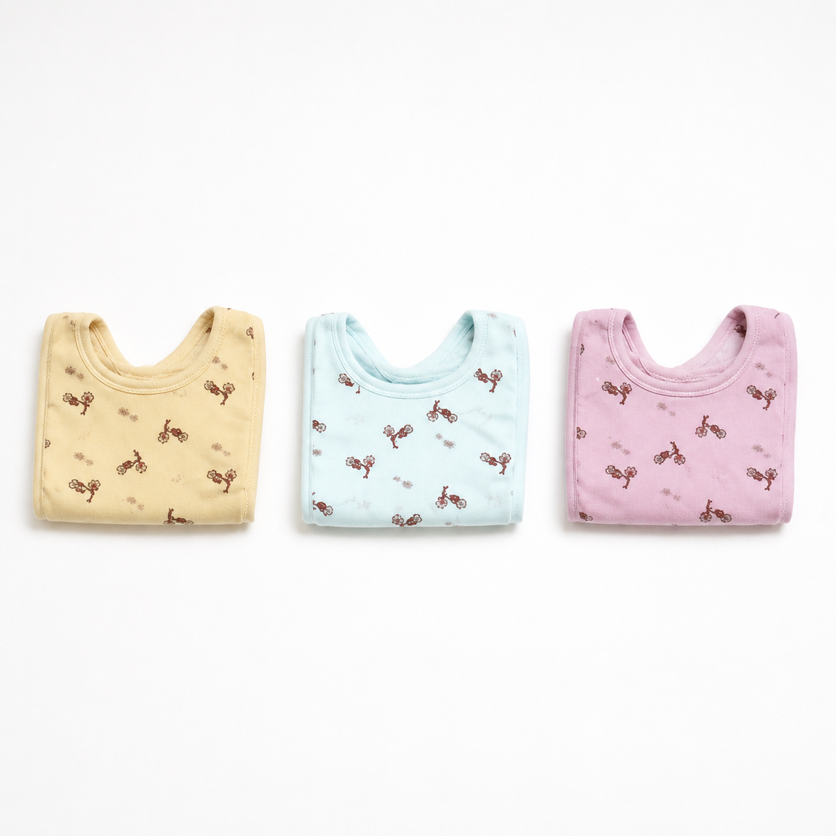 LARGE 3-PACK PREMIUM BABY BIBS MINI BICYCLE PRINT BEIGE,LAVENDER & SKY BLUE