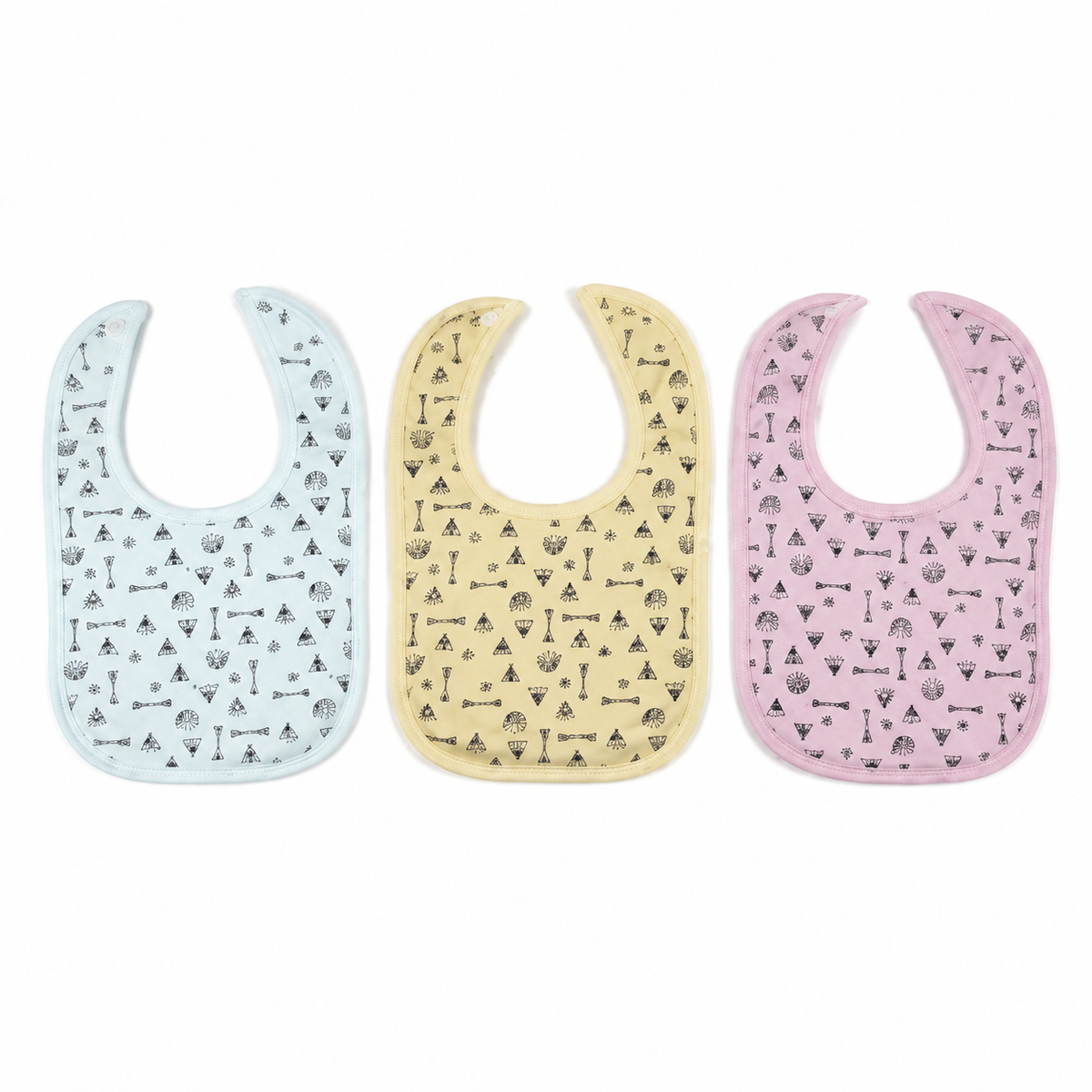 LARGE 3-PACK PREMIUM BABY BIBS TRIBAL ARROWS PRINT LAVENDER, BLUE & BEIGE