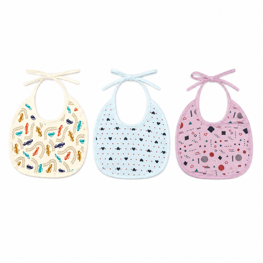 MEDIUM 3 PACK PREMIUM COTTON BABY BIBS HEART, GEOMETRIC & CAR THEM