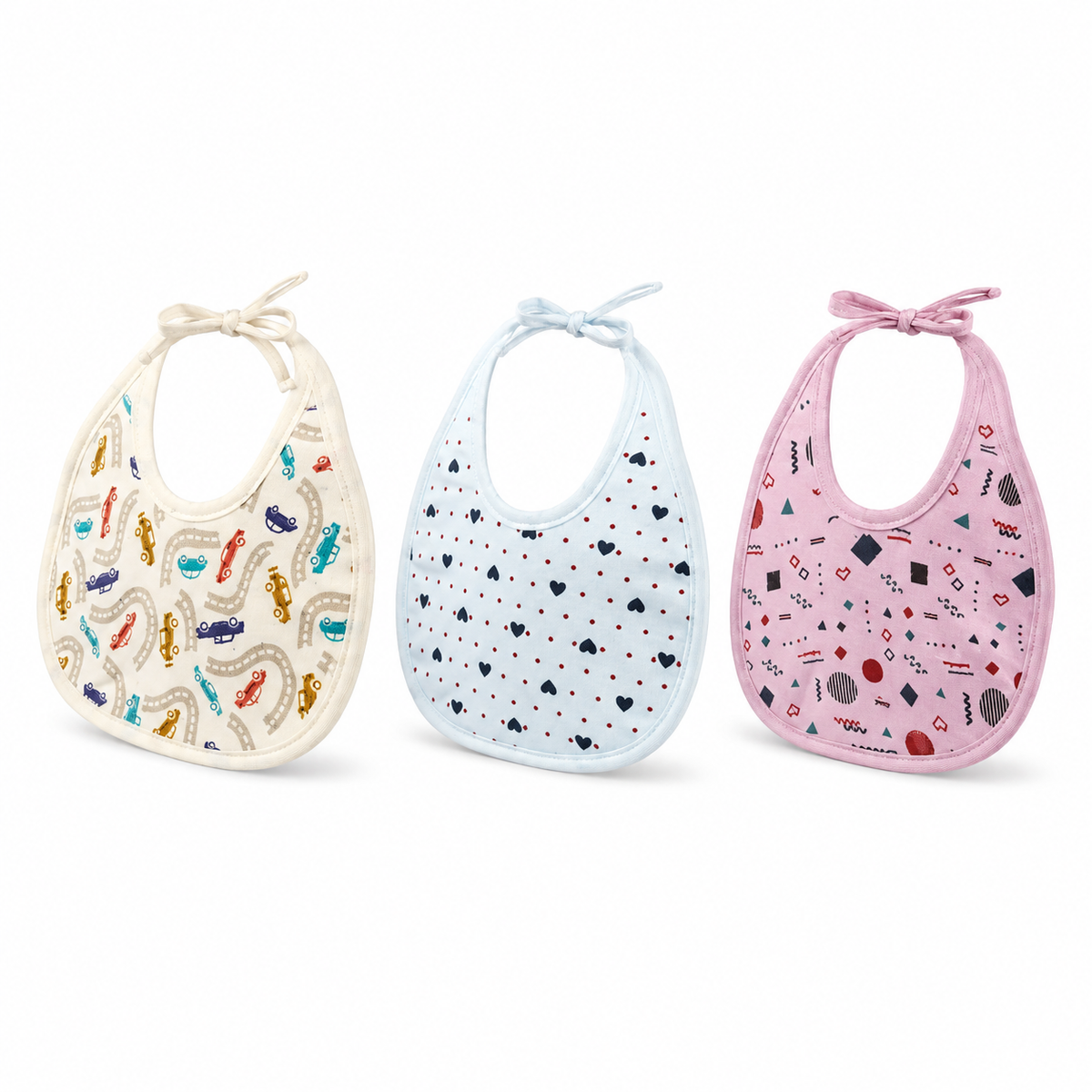 MEDIUM 3 PACK PREMIUM COTTON BABY BIBS HEART, GEOMETRIC & CAR THEM