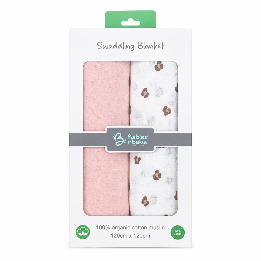 Printed Baby Swaddle Blankets 2-Pack, Peach & White