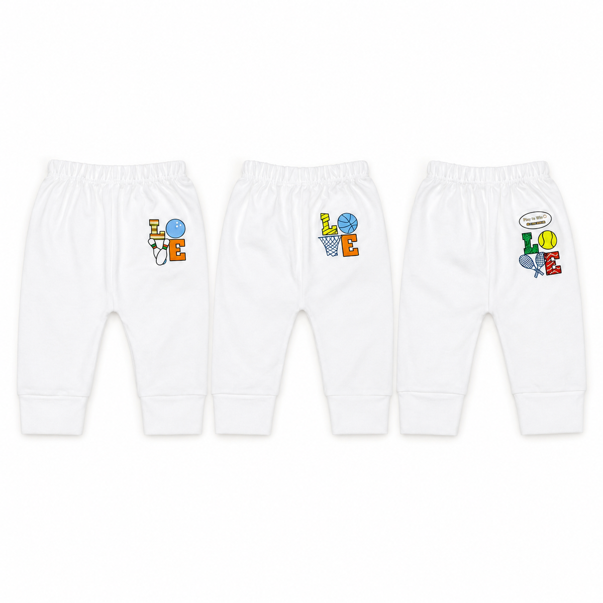 Baby Unisex White Cotton Pajama Pack of 3 Sports Love Print