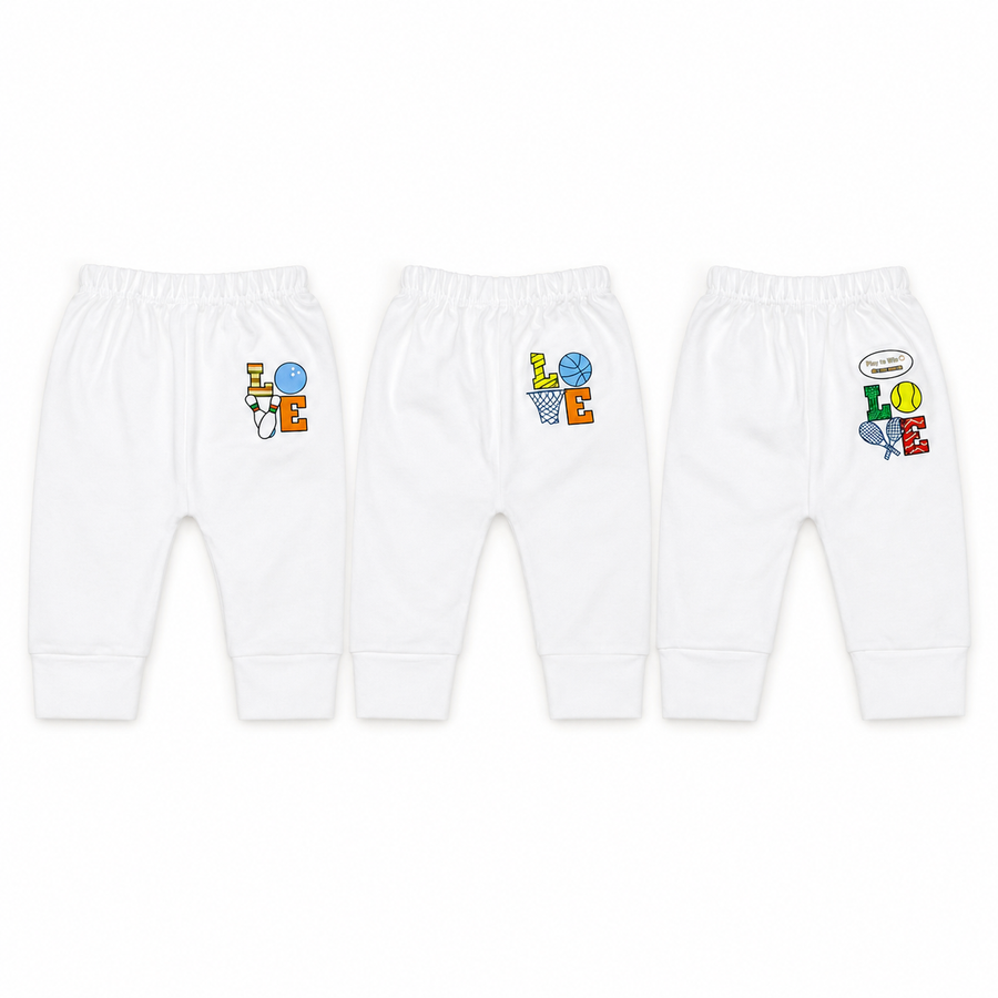 Baby Unisex White Cotton Pajama Pack of 3 Sports Love Print