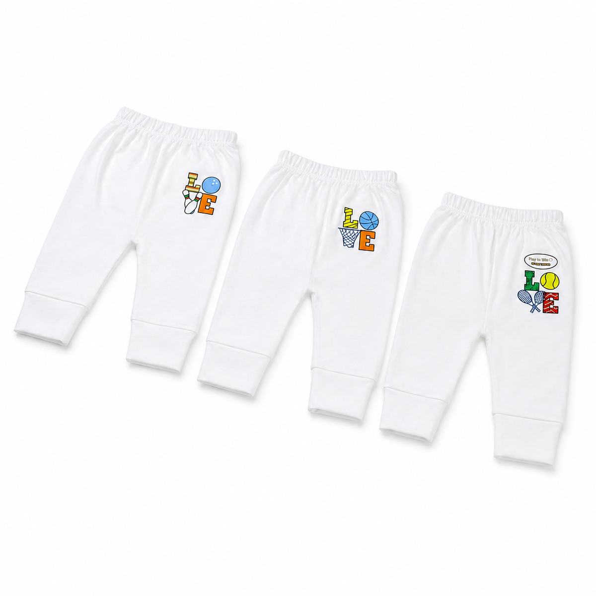 Baby Unisex White Cotton Pajama Pack of 3 Sports Love Print
