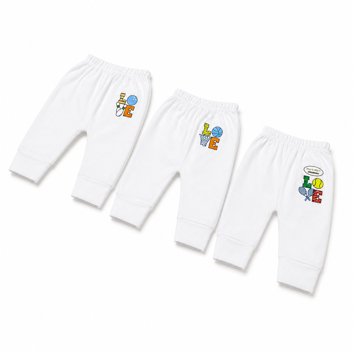 Baby Unisex White Cotton Pajama Pack of 3 Sports Love Print