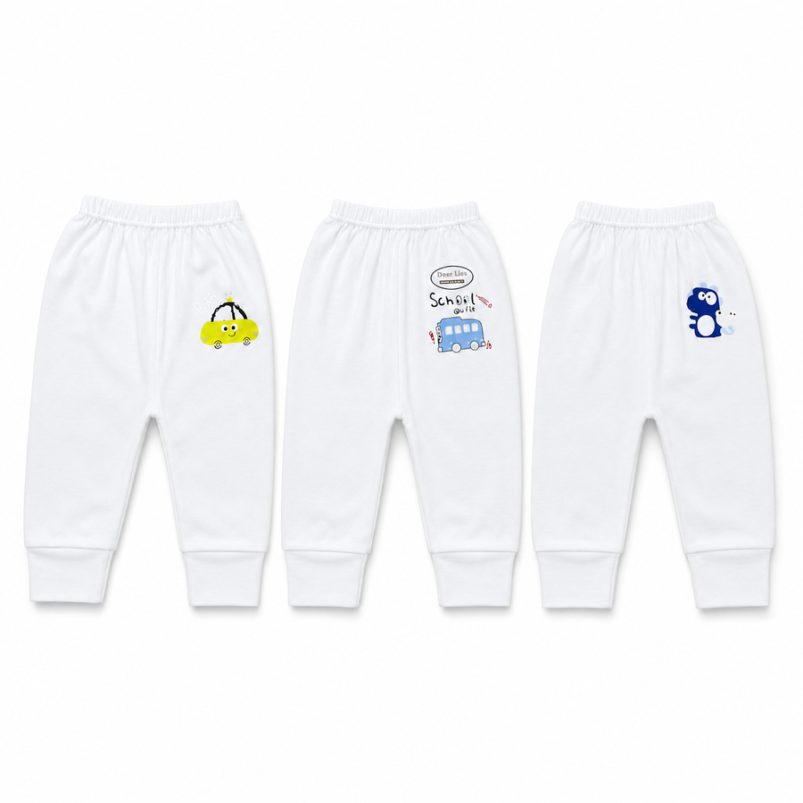 Baby Unisex White Cotton Pajama Pack of 3 Vehicle & Penguin Print