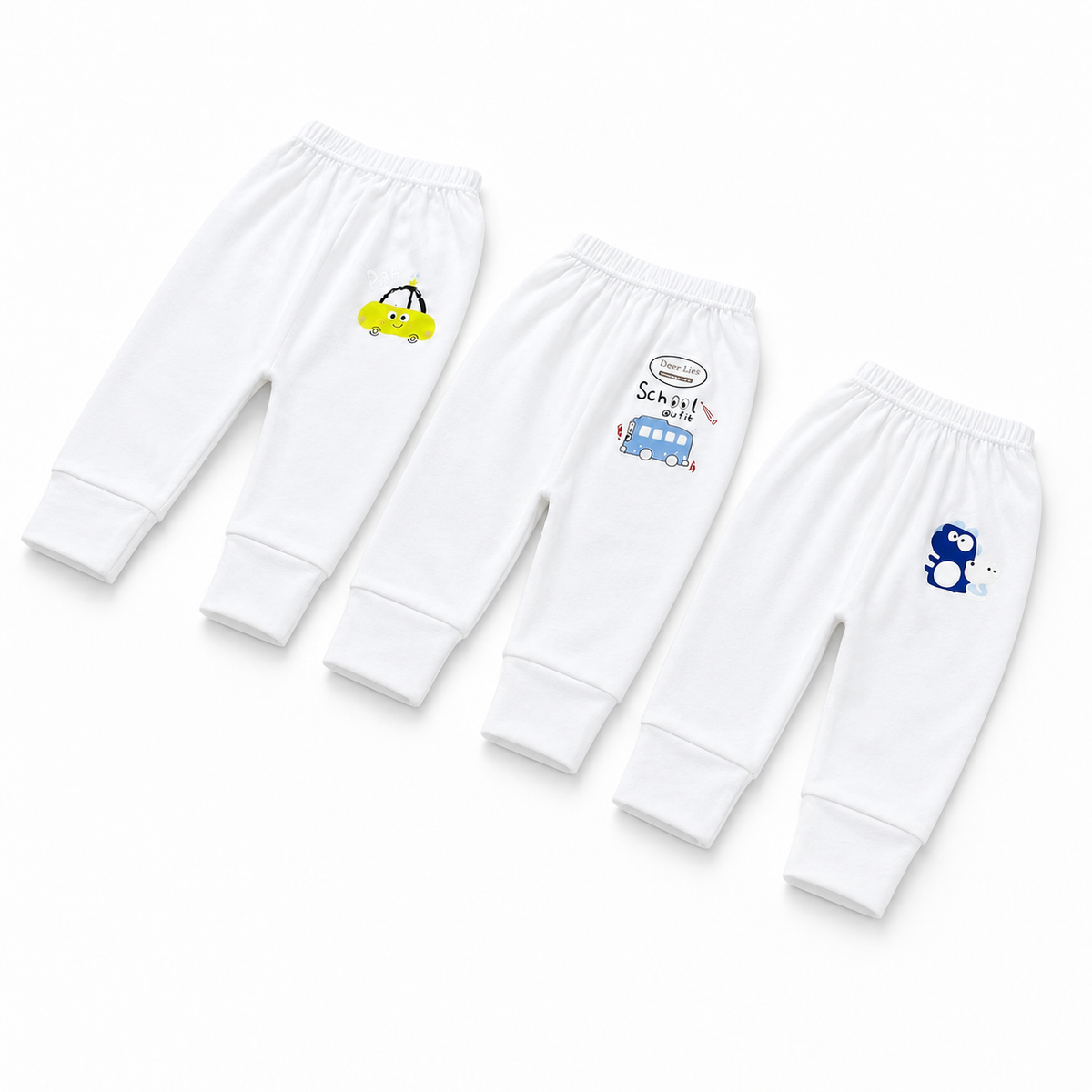 Baby Unisex White Cotton Pajama Pack of 3 Vehicle & Penguin Print