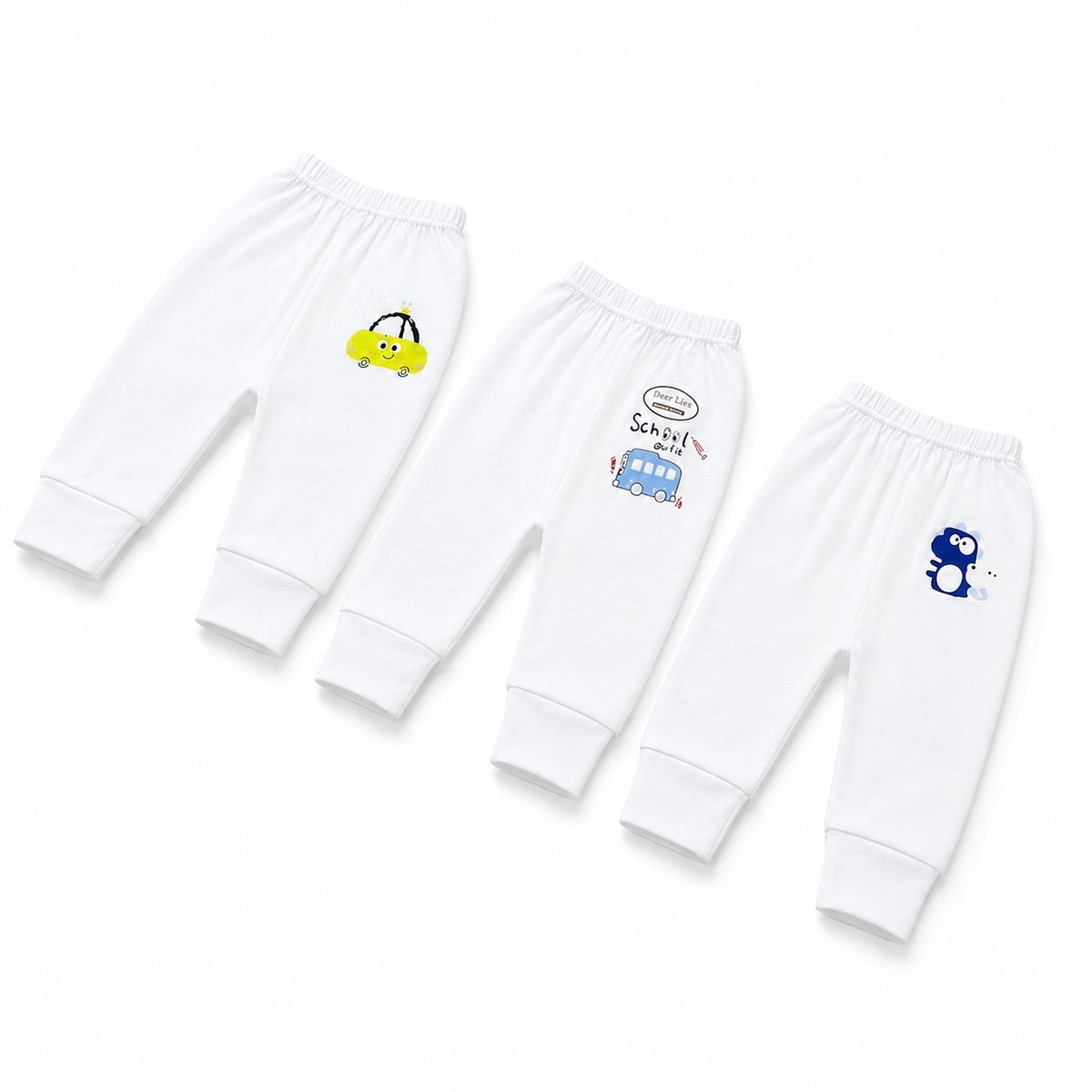 Baby Unisex White Cotton Pajama Pack of 3 Vehicle & Penguin Print
