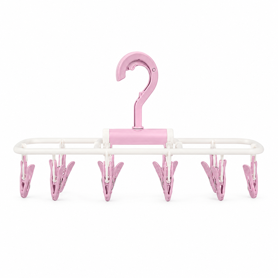 Smart Foldable Baby Laundry Hanger 10 Heavy Duty Clips Durable Pink