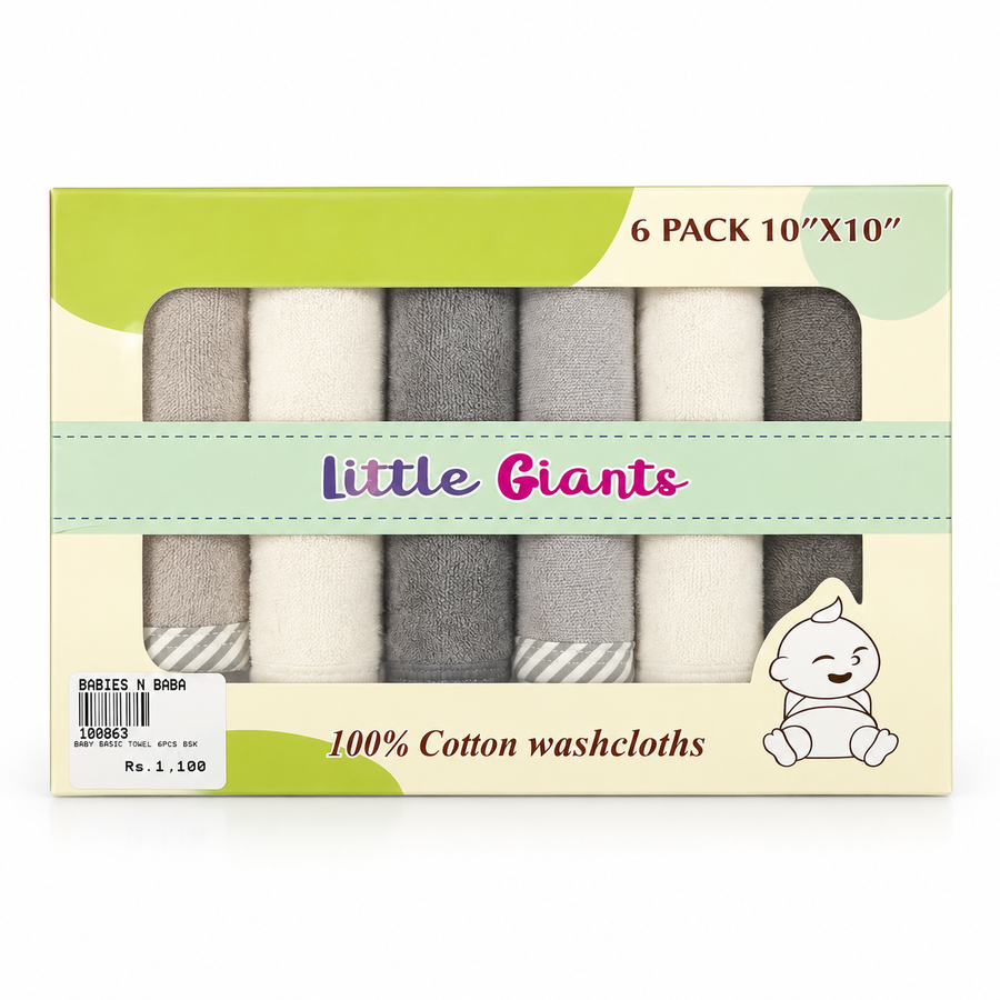 LITTLE GIANTS PACK OF 6 BABY FACE TOWELS-GREY & WHITE NEUTRAL TONES (10x10)