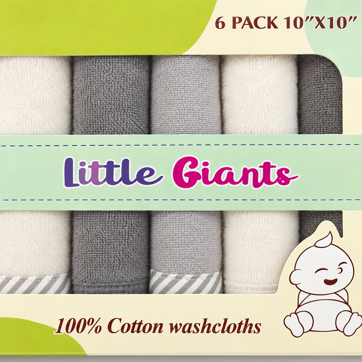 LITTLE GIANTS PACK OF 6 BABY FACE TOWELS-GREY & WHITE NEUTRAL TONES (10x10)