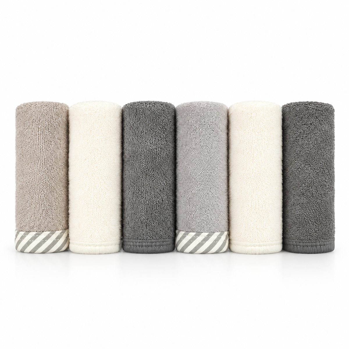 LITTLE GIANTS PACK OF 6 BABY FACE TOWELS-GREY & WHITE NEUTRAL TONES (10x10)