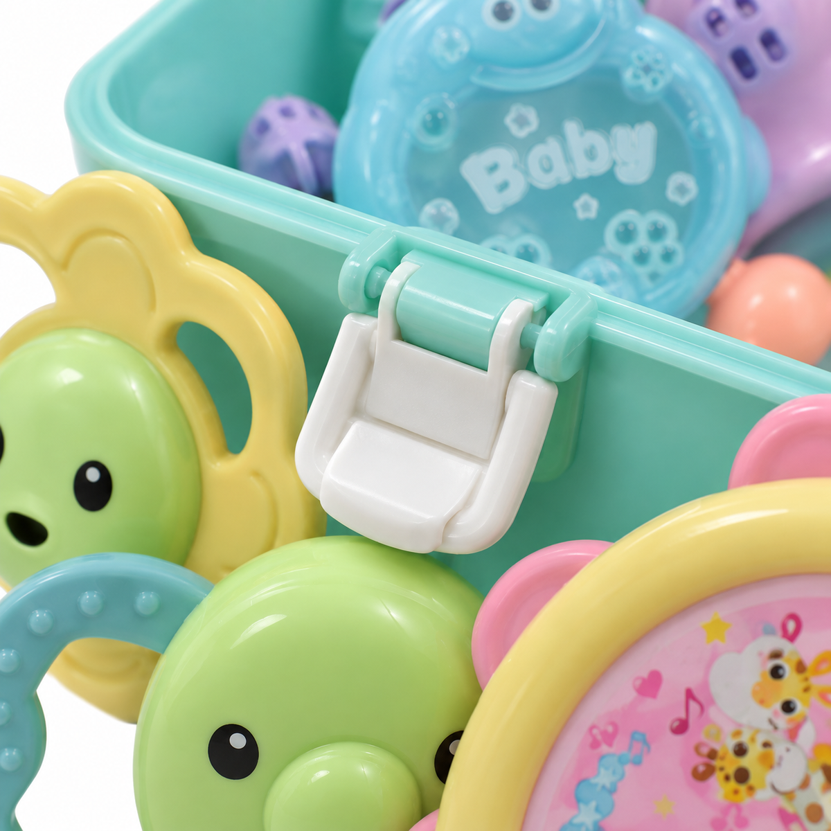 BABY RATTLE BOX CYAN 8PCS