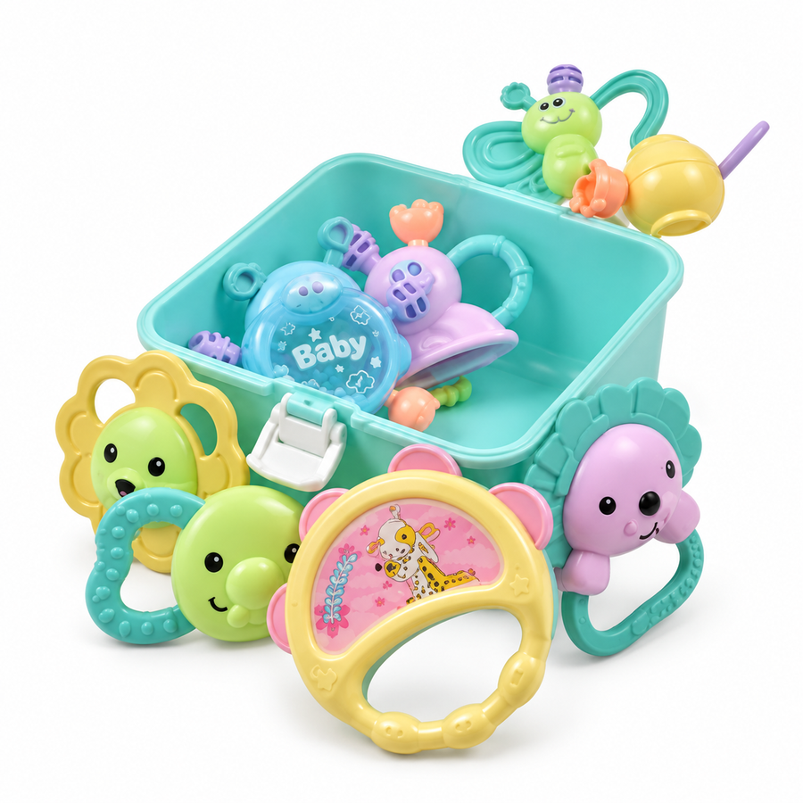 BABY RATTLE BOX CYAN 8PCS