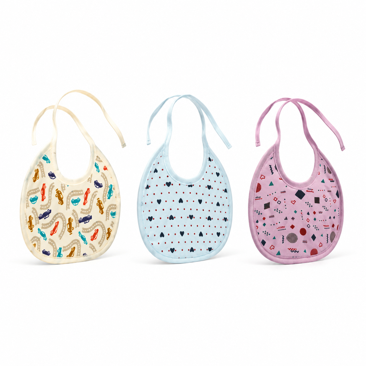 MEDIUM 3 PACK PREMIUM COTTON BABY BIBS SEA LIFE, GEOMETRIC & CAR THEM