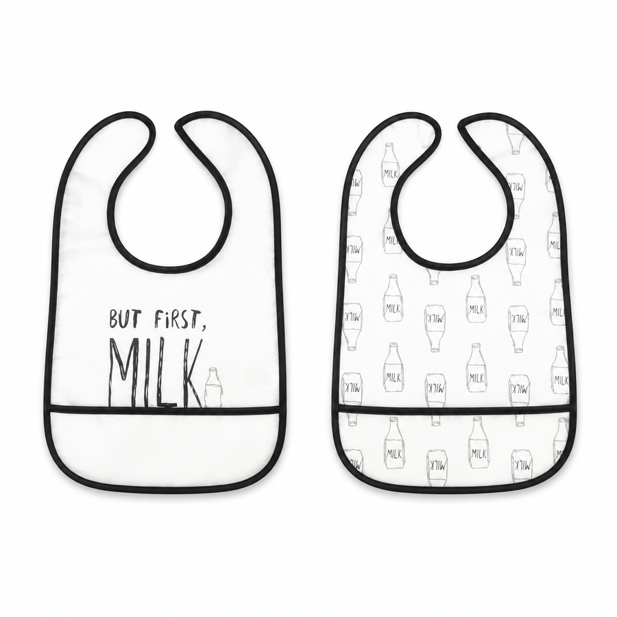PACK OF 2 WATERPROOF BABA BIBS MILK & BOTTLE PRINT WITH CRUMB CATCHER POCKET