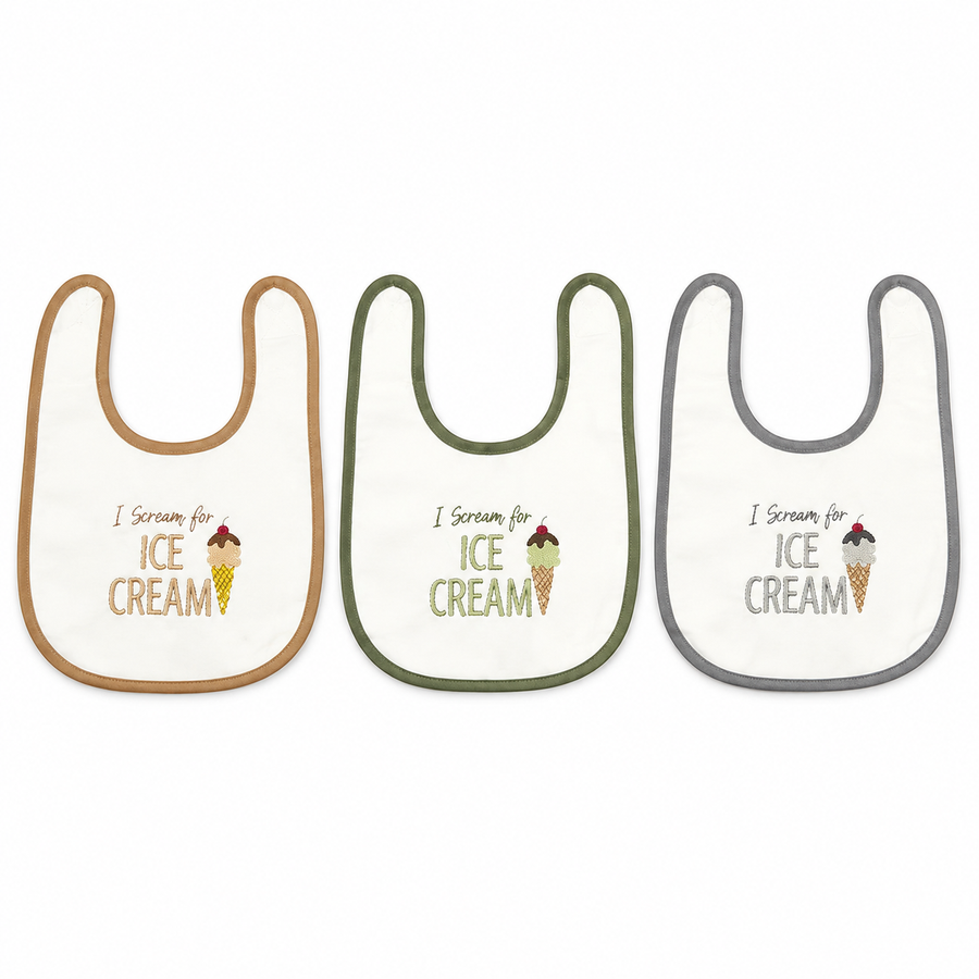 PREMIUM PACK OF 3 EMBROIDERED BABY BIBS KIDZO (GREY,BROWN & GREEN)