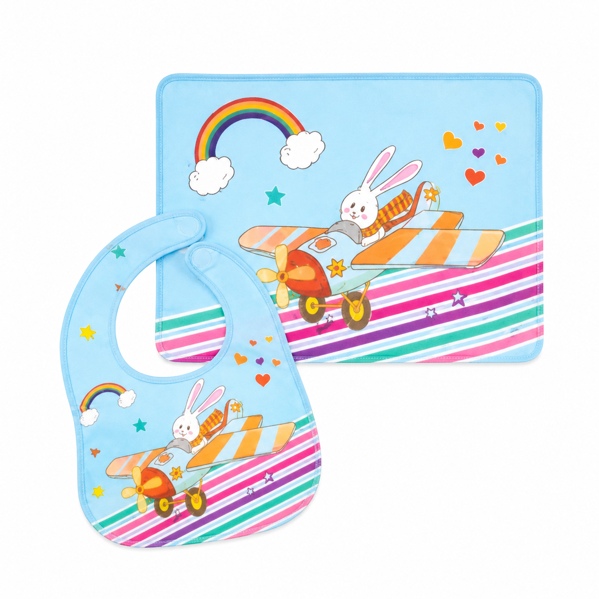 SUN BABY BIB+PLASTIC SHEET AEROPLANE CYAN