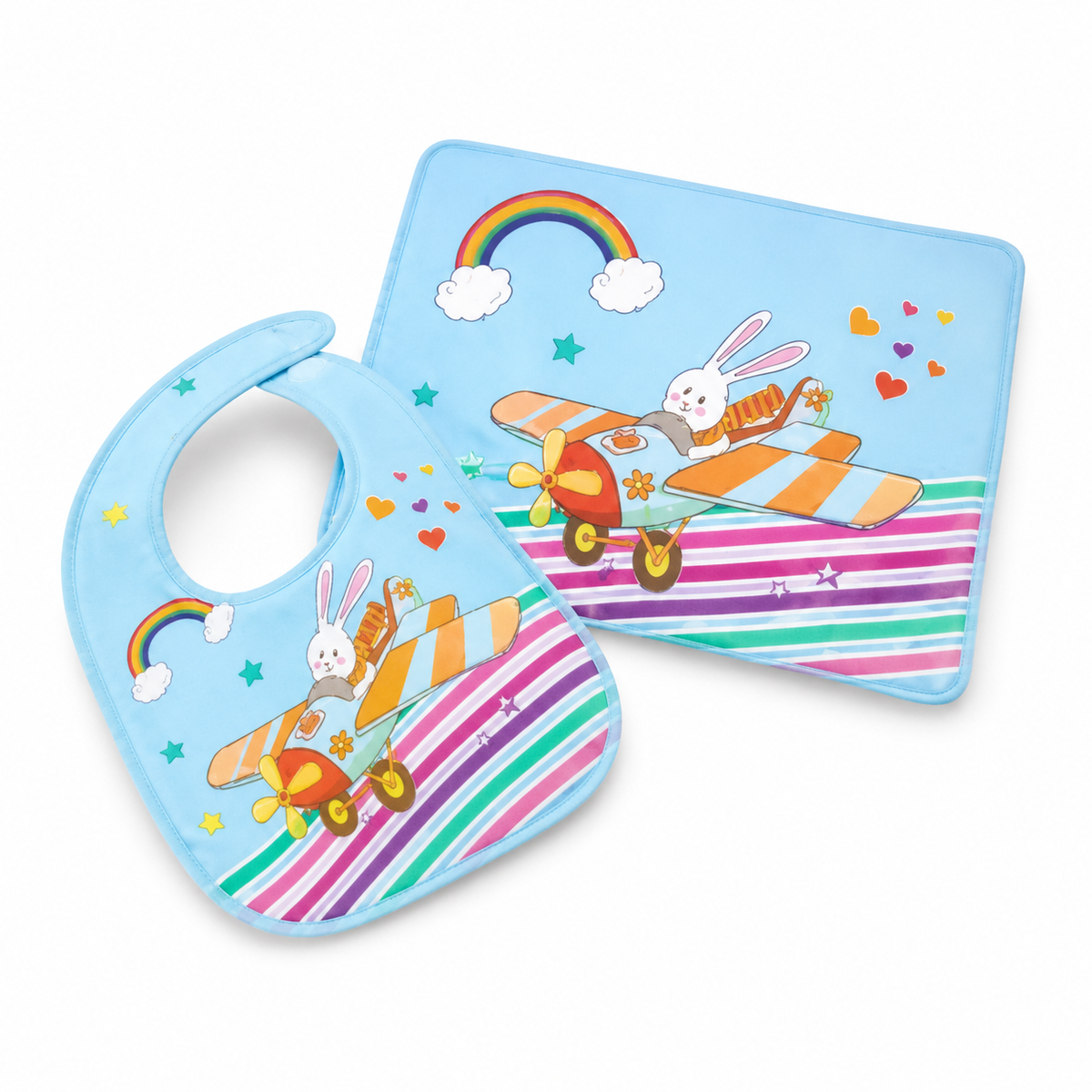 SUN BABY BIB+PLASTIC SHEET AEROPLANE CYAN