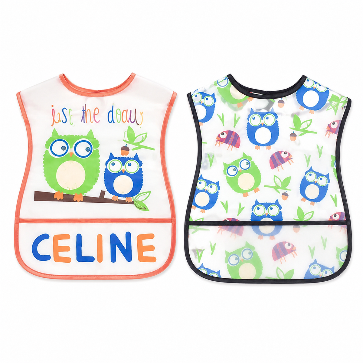 TU BRAND IMPORTED 2 PIECE BABY FEEDING BIB SET OWL DESIGN WATERPOOF
