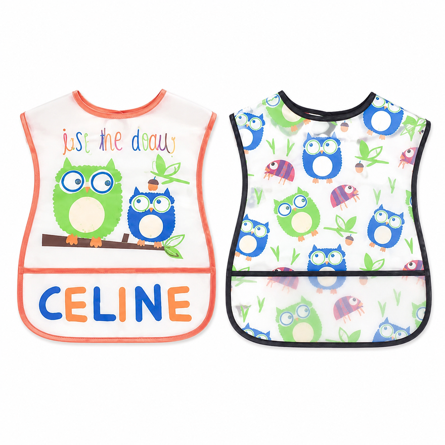 TU BRAND IMPORTED 2 PIECE BABY FEEDING BIB SET OWL DESIGN WATERPOOF