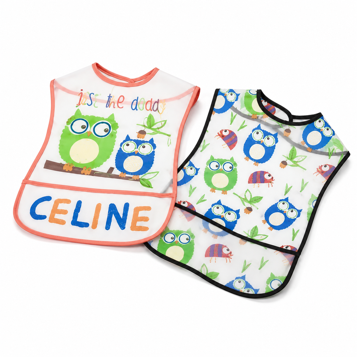 TU BRAND IMPORTED 2 PIECE BABY FEEDING BIB SET OWL DESIGN WATERPOOF