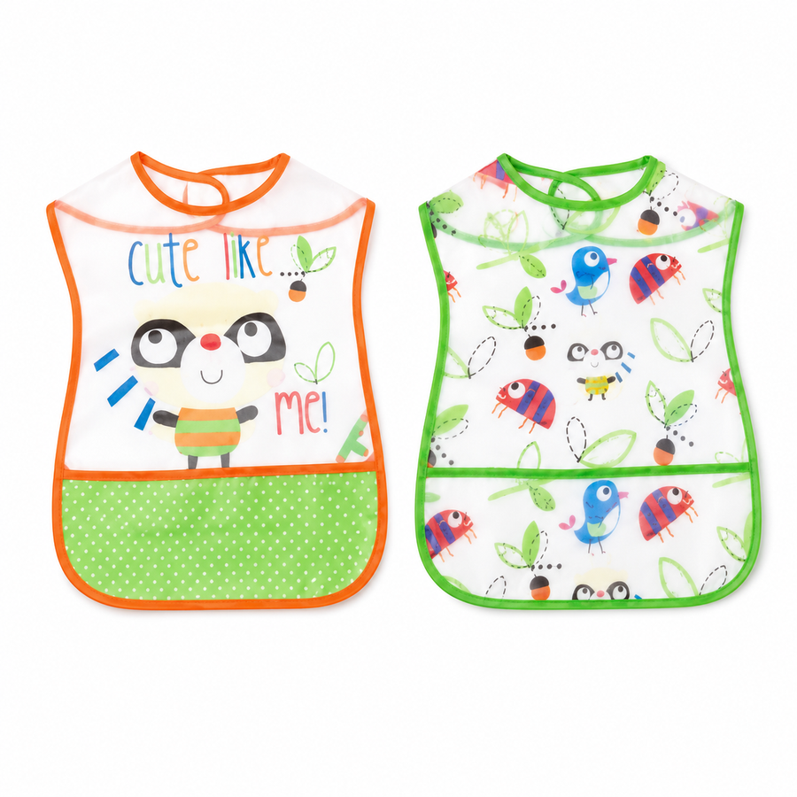 TU BRAND IMPORTED 2 PIECE BABY FEEDING BIB SET RACCOON DESIGN WATERPROOF