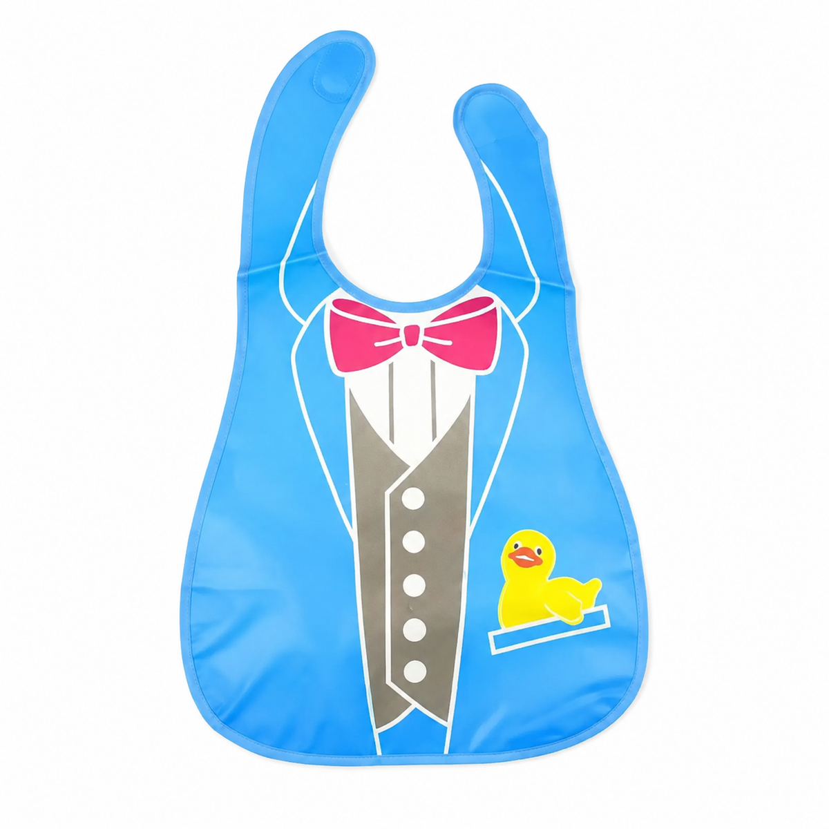 WATERPROOF BABY APRON BIB BLUE TUXEDO PRINT WITH YELLOW DUCK