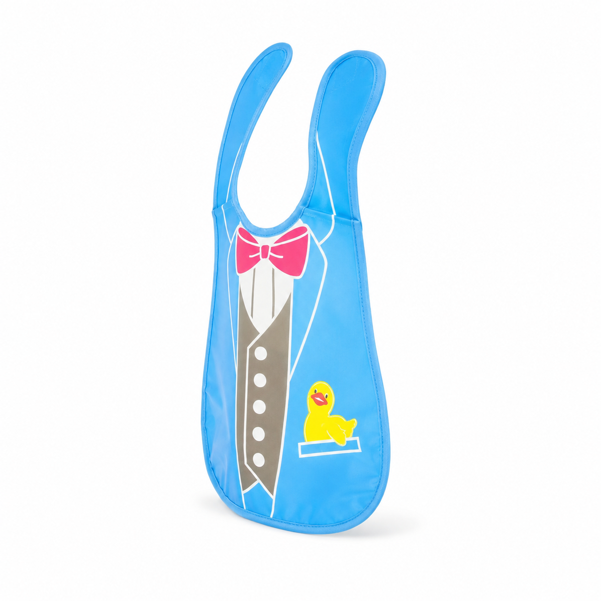 WATERPROOF BABY APRON BIB BLUE TUXEDO PRINT WITH YELLOW DUCK