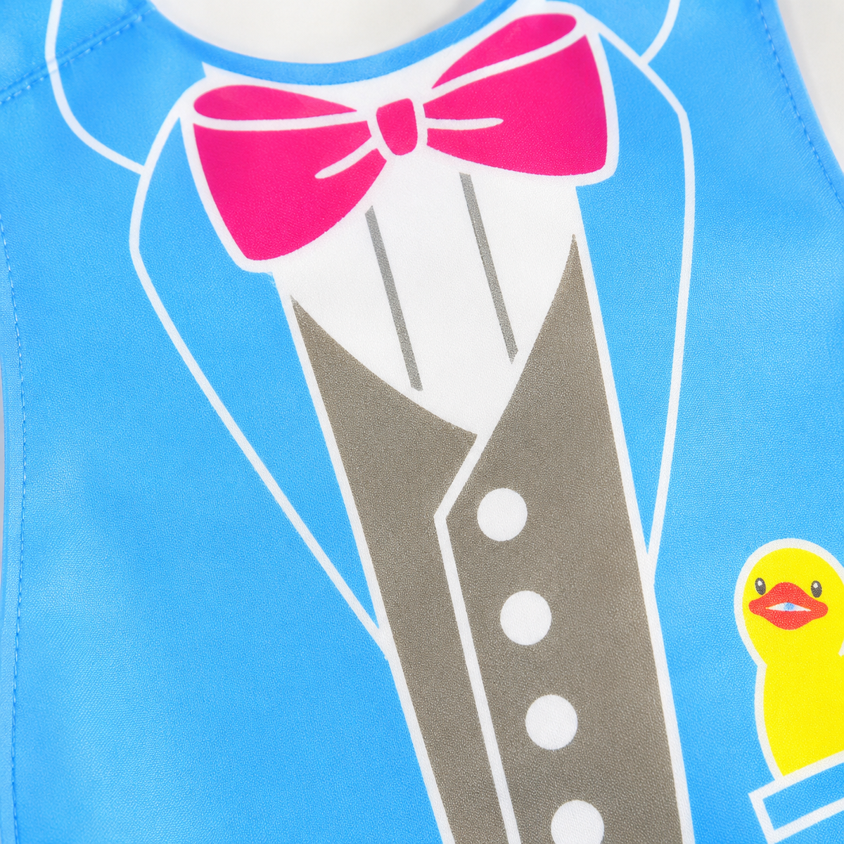 WATERPROOF BABY APRON BIB BLUE TUXEDO PRINT WITH YELLOW DUCK